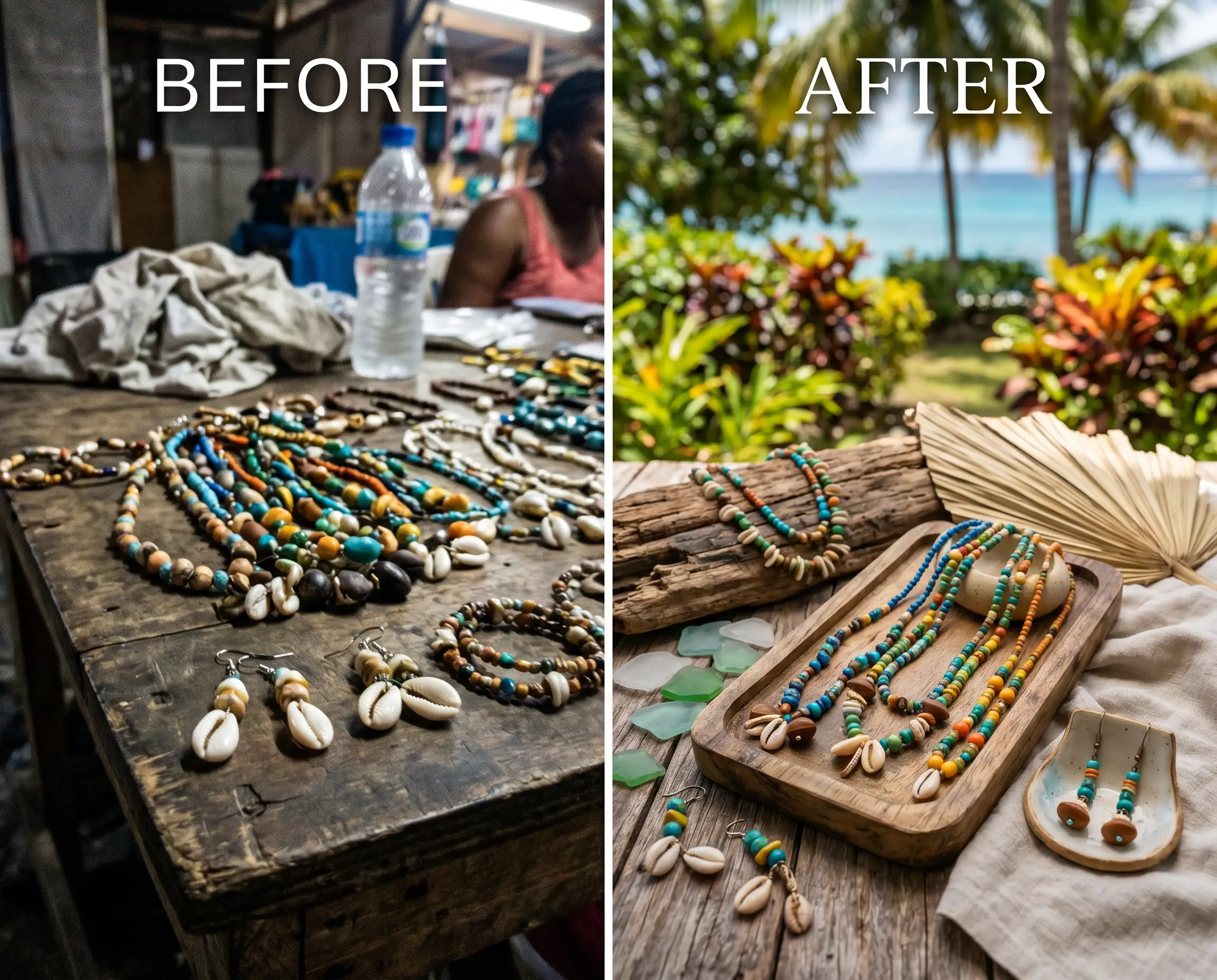 Before-after of a snapshot showing handmade Caribbean jewelry