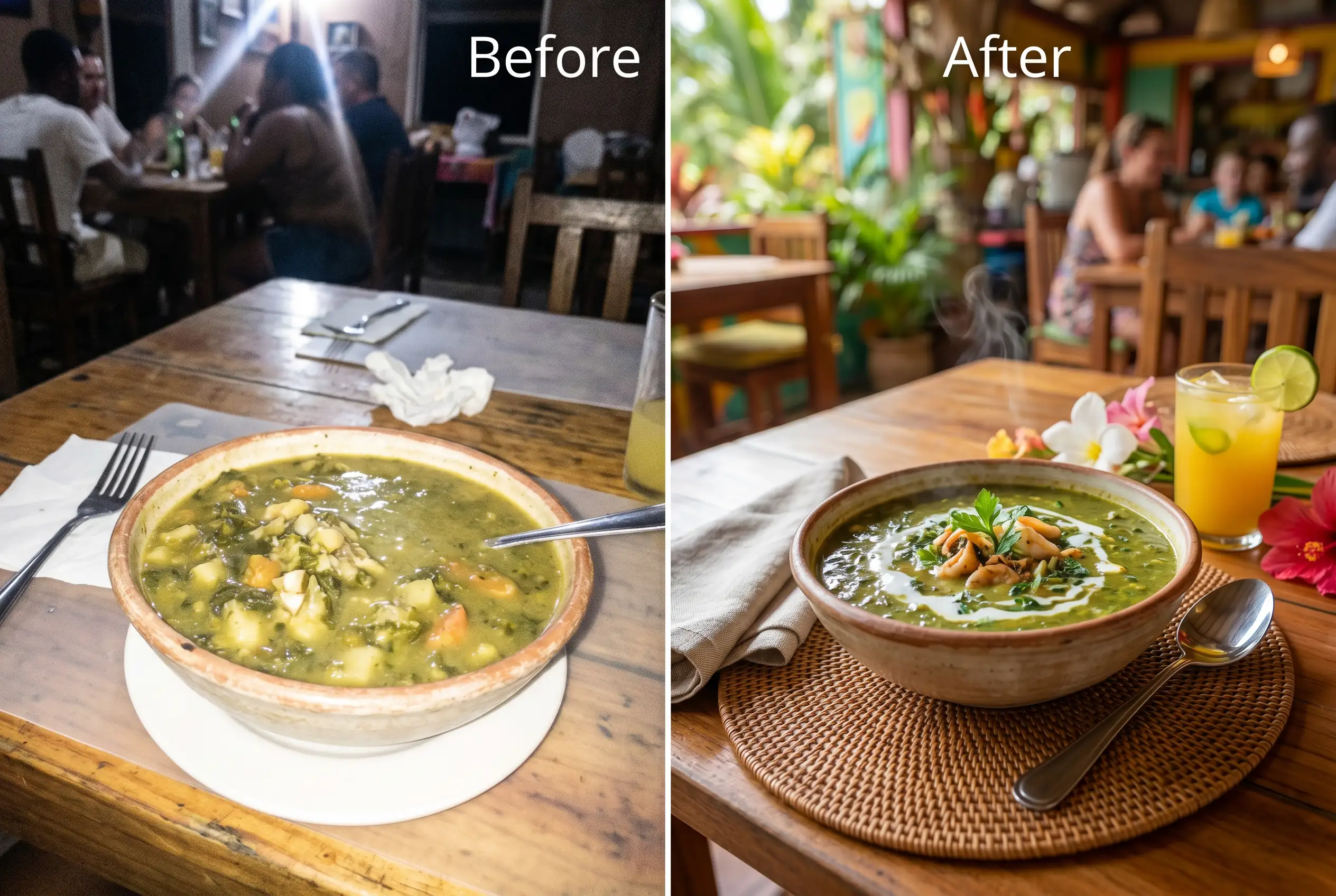 Before-after of a snapshot showing soup in Caribbean restaurant