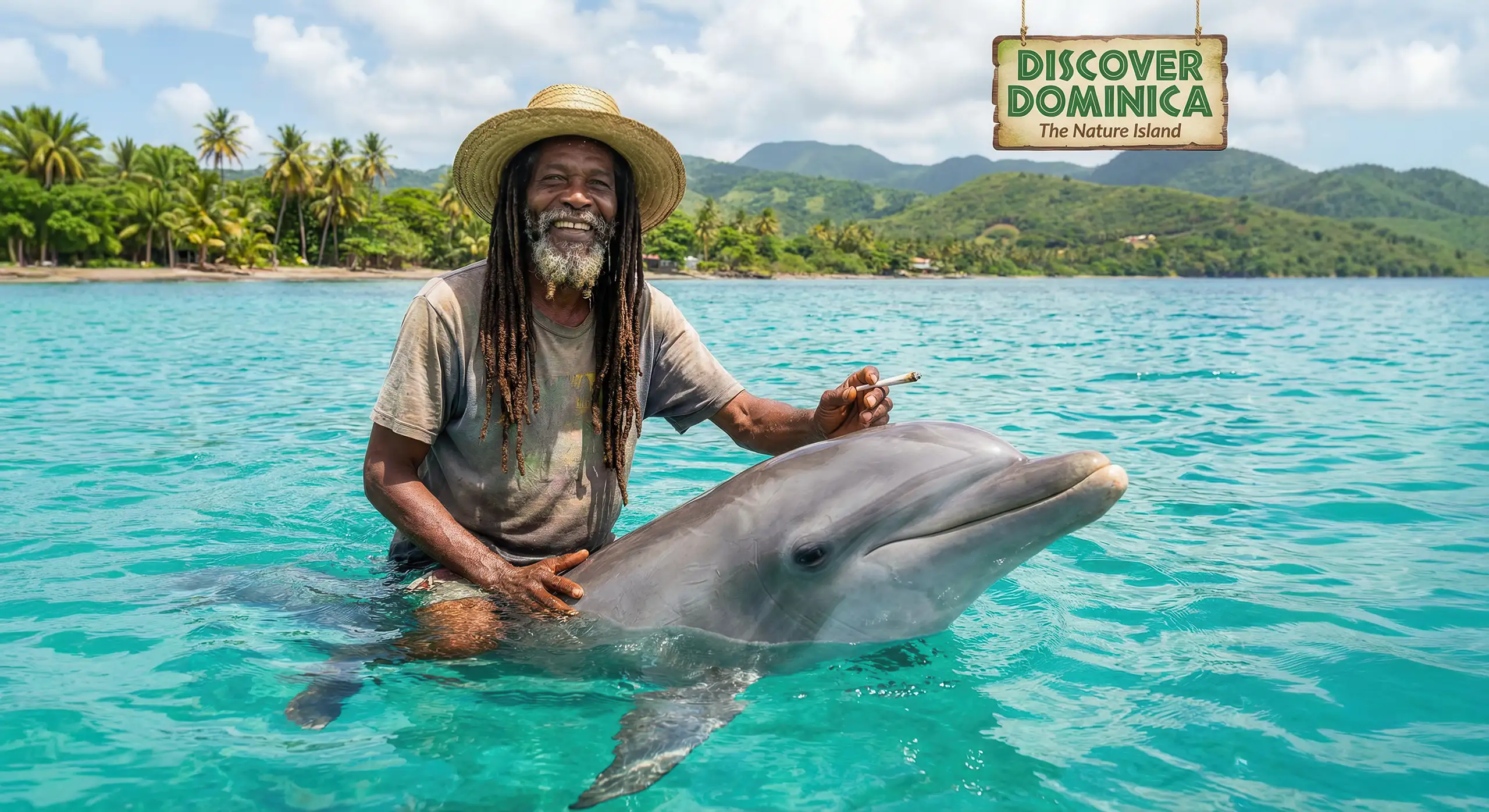 Dominica rasta man with a spliff riding a dolphin on surface of caribbean sea-front3