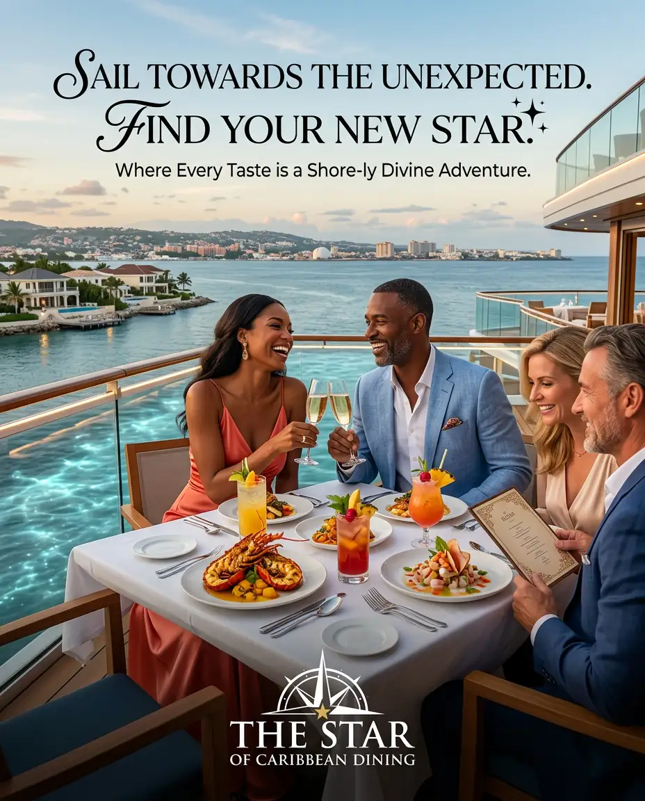 Fine Caribbean seafood dining advertising AI by pro designer Derek Galon- Dominica-1