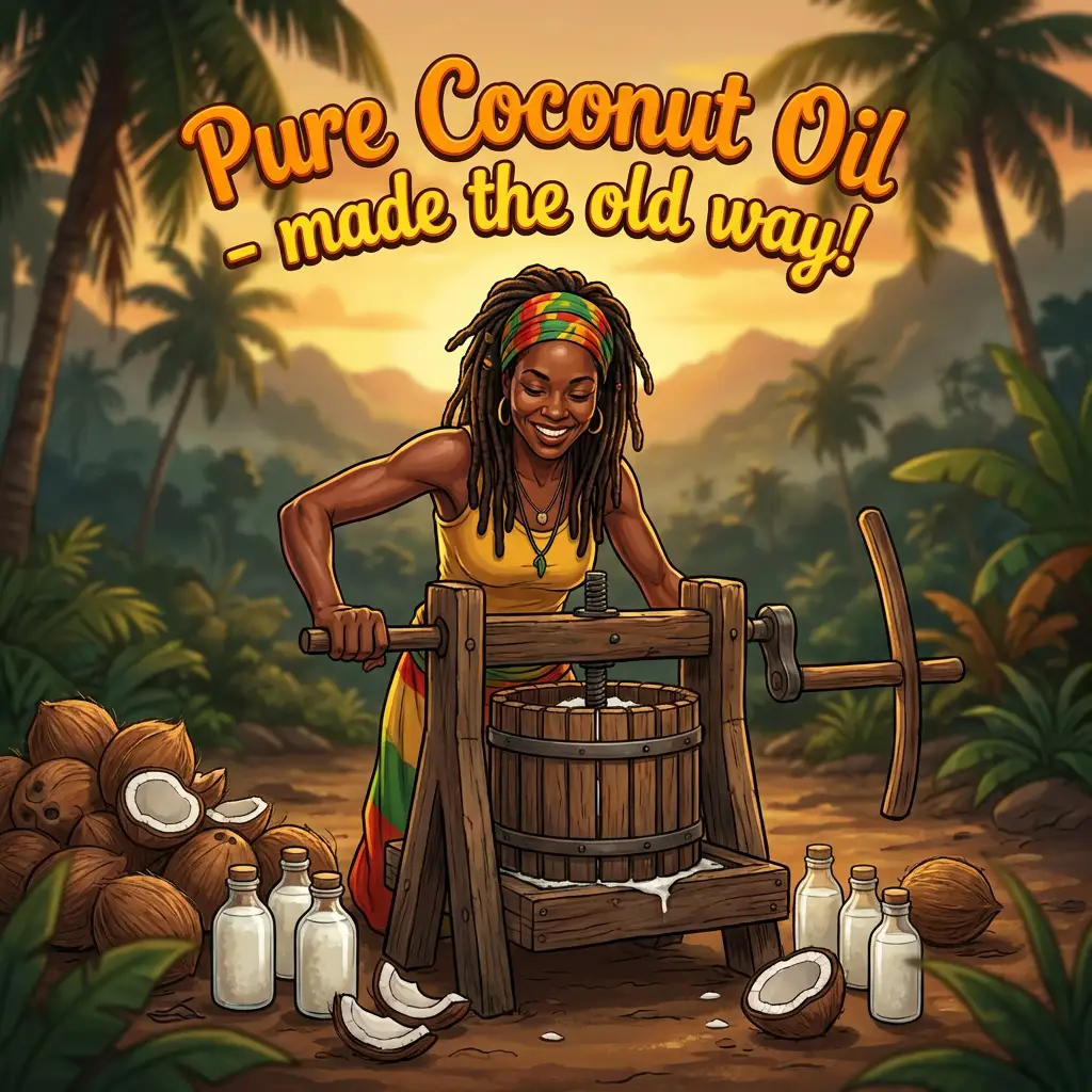 Firefly_Gemini Flash_Medium close-up of  nice caribbean rasta woman making coconut oil using old fashion s 436747