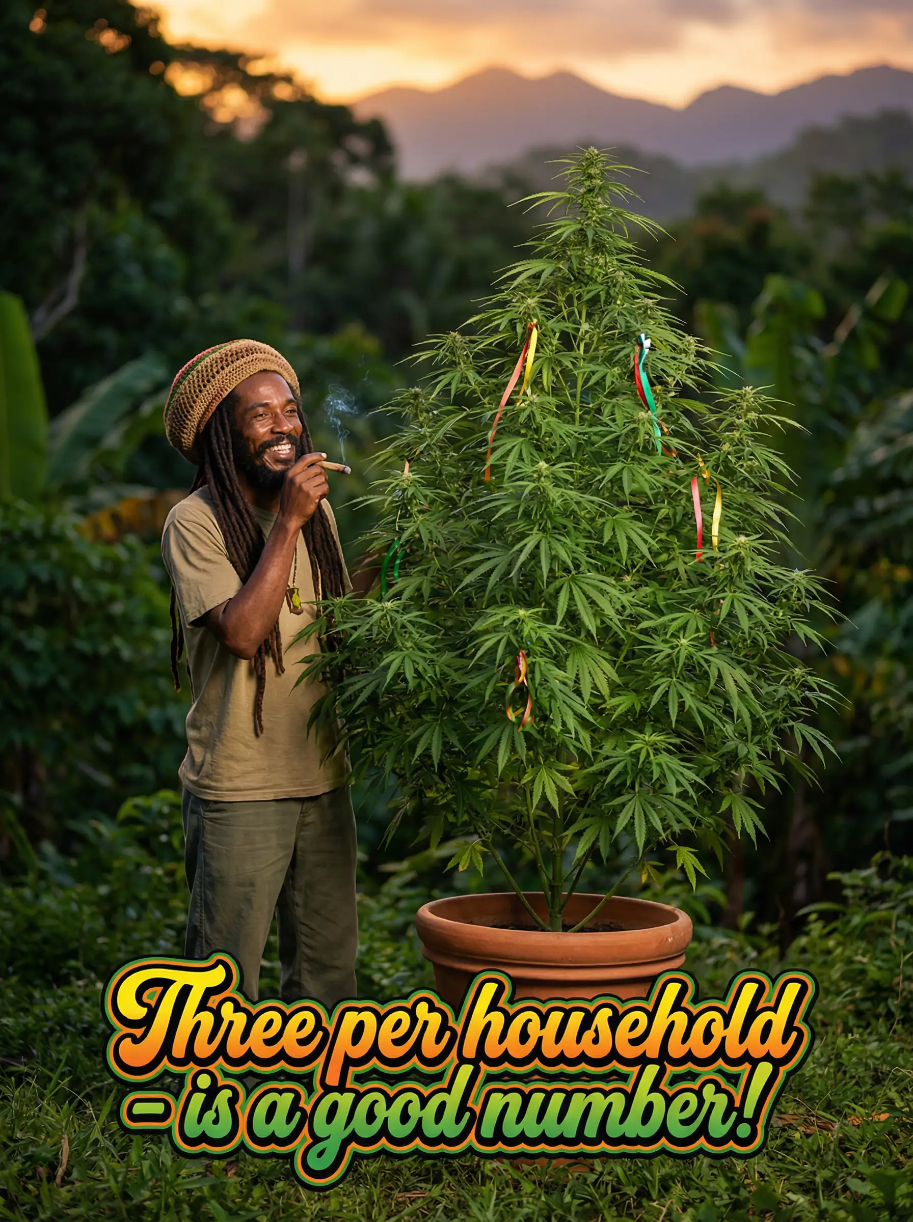 Rastaman smoking spliff by his cannabis plant in Caribbean