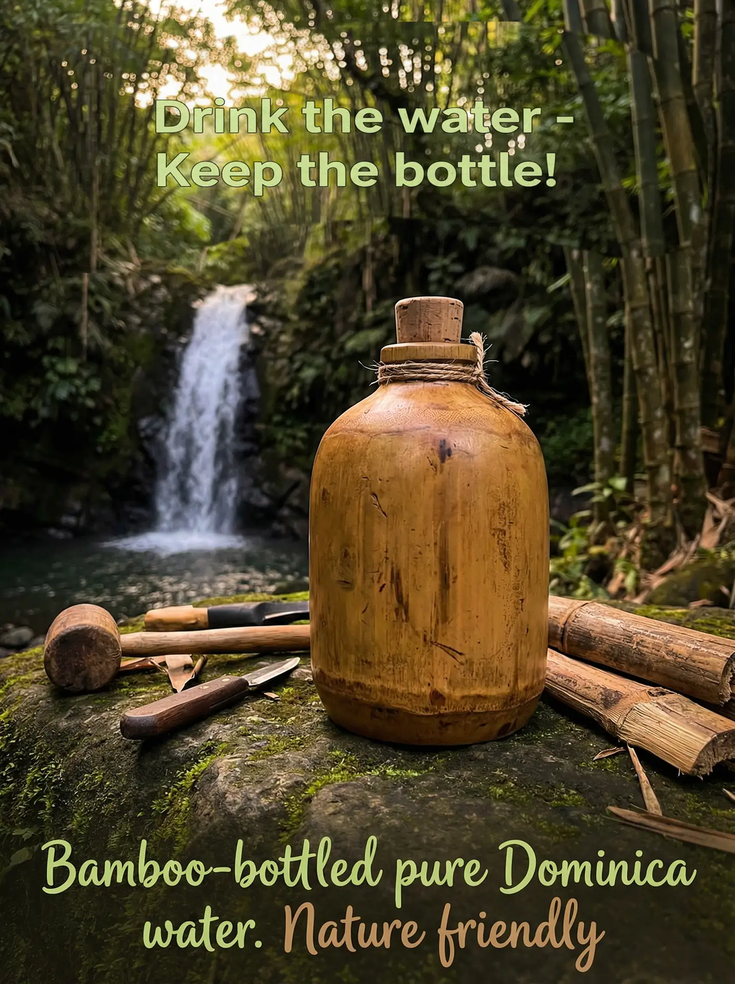 beautiful organic bamboo-made bottle – fresh Dominica water AI advertising  by Derek Galon Caribbean pro photographer