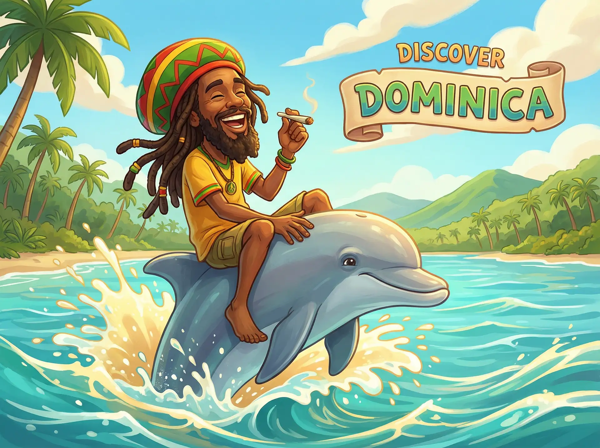 happy rasta man with a spliff riding a dolphin on surface of caribbean sea cartoon AI